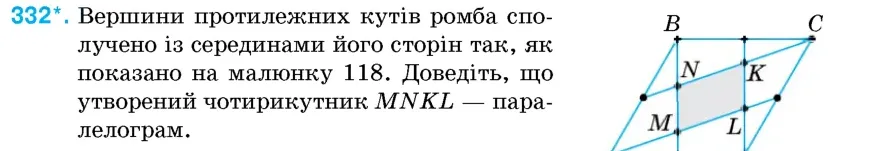 Умова: вправа 332: Вершини протилежних кутів ромба сполучено із серединами його сторін так, як показано на малюнку 118