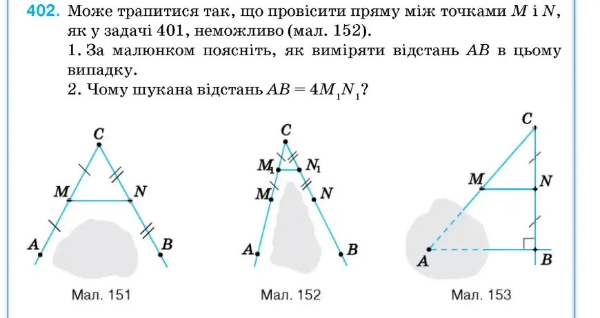 Умова: вправа 402: Може трапитися так, що провісити пряму між точками M і N, як у задачі 401, неможливо (мал