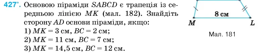 Умова: вправа 427: Основою піраміди SABCD є трапеція із середньою лінією MK (мал