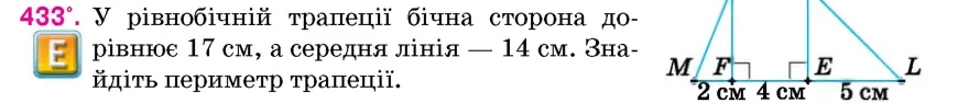 Умова: вправа 433: У рівнобічній трапеції бічна сторона дорівнює 17 см, а середня лінія – 14 см