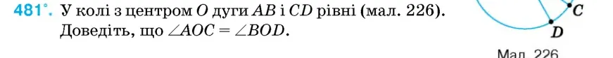Умова: вправа 481: У колі з центром O дуги AB і CD рівні (мал
