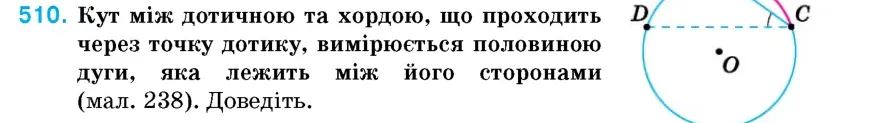 Умова: вправа 510: Кут між дотичною та хордою, що проходить через точку дотику, вимірюється половиною дуги, яка лежить між його сторонами (мал
