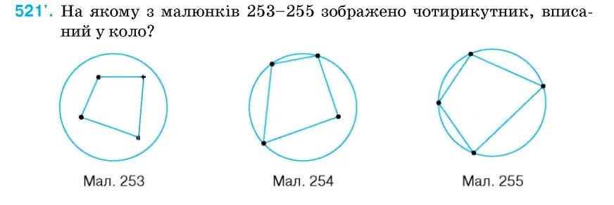 Умова: вправа 521: На якому з малюнків 253–255 зображено чотирикутник, вписаний у коло?