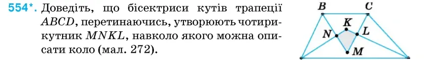 Умова: вправа 554: Доведіть, що бісектриси кутів трапеції ABCD, перетинаючись, утворюють чотирикутник MNKL, навколо якого можна описати коло (мал