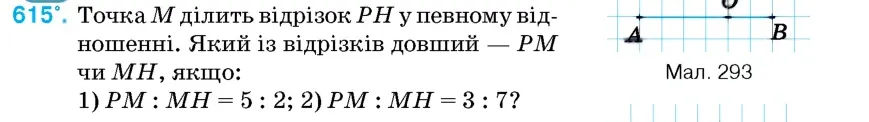 Умова: вправа 615: Точка M ділить відрізок PH у певному відношенні