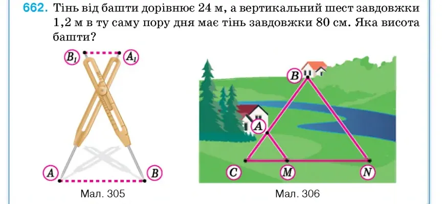 Умова: вправа 662: Тінь від башти дорівнює 24 м, а вертикальний шест завдовжки 1,2 м в ту саму пору дня має тінь завдовжки 80 см
