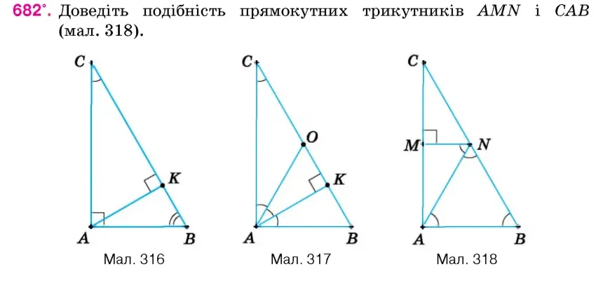 Умова: вправа 682: Доведіть подібність прямокутних трикутників AMN і CAB (мал