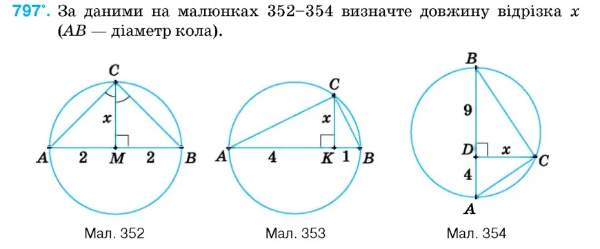 Умова: вправа 797: За даними на малюнках 352–354 визначте довжину відрізка x (AB – діаметр кола)
