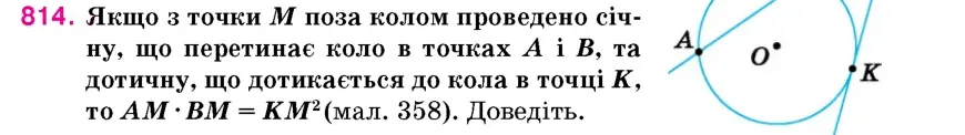 Умова: вправа 814: Якщо з точки M поза колом проведено січну, що перетинає коло в точках A і B, та дотичну, що дотикається до кола в точці K, то AM · BM = KM2 