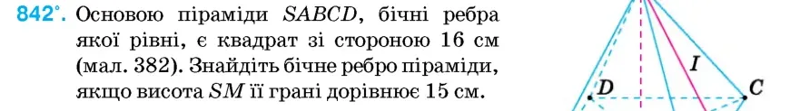 Умова: вправа 842: Основою піраміди SABCD, бічні ребра якої рівні, є квадрат зі стороною 16 см (мал