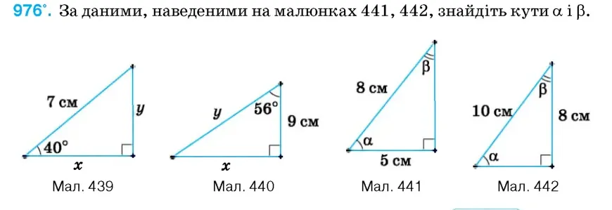 Умова: вправа 976: За даними, наведеними на малюнках 441, 442, знайдіть кути α і β