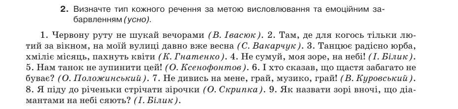 Умова: вправа 15.2: Визначте тип кожного речення за метою висловлювання та емоційним забарвленням (усно)