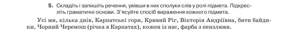 Умова: вправа 18.5: Складіть і запишіть речення, увівши в них сполуки слів у ролі підмета