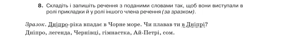Умова: вправа 31.8: Складіть і запишіть речення з поданими словами так, щоб вони виступали в ролі прикладки й у ролі іншого члена речення (за зразком)