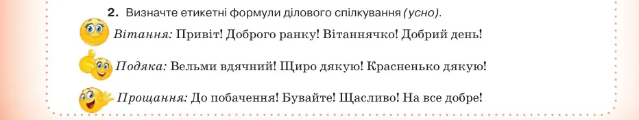 Умова: вправа 36.2: Визначте етикетні формули ділового спілкування (усно)