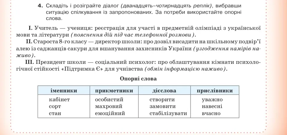 Умова: вправа 36.4: Складіть і розіграйте діалог (дванадцять–чотирнадцять реплік), вибравши ситуацію спілкування із запропонованих