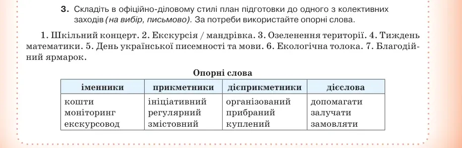 Умова: вправа 51.3: Складіть в офіційно-діловому стилі план підготовки до одного з колективних заходів (на вибір, письмово)