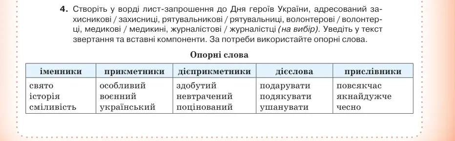 Умова: вправа 67.4: Створіть у ворді лист-запрошення до Дня героїв України, адресований захисникові / захисниці, рятувальникові / рятувальниці, волонтерові / во