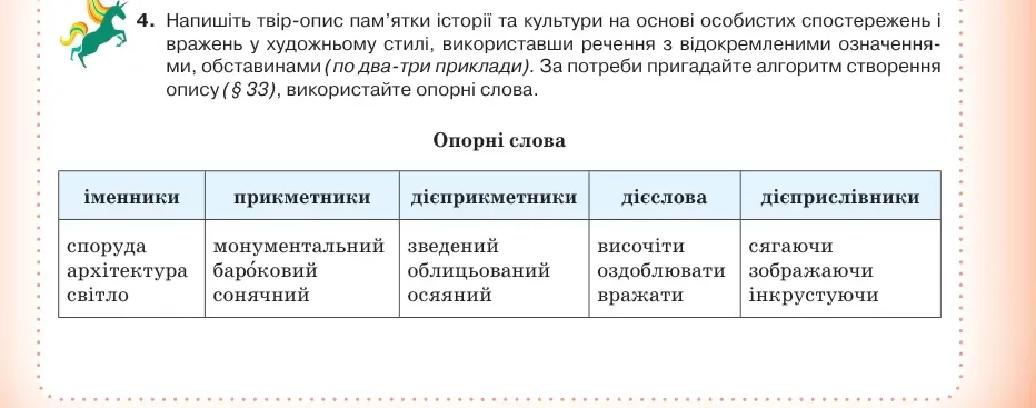 Умова: вправа 76.4: Напишіть твір-опис пам’ятки історії та культури на основі особистих спостережень і вражень у художньому стилі, використавши речення з відокр