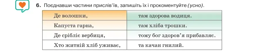 Умова: вправа 82.6: Поєднавши частини прислів’їв, запишіть їх і прокоментуйте (усно)