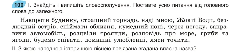 Умова: вправа 100: Знайдіть і випишіть словосполучення