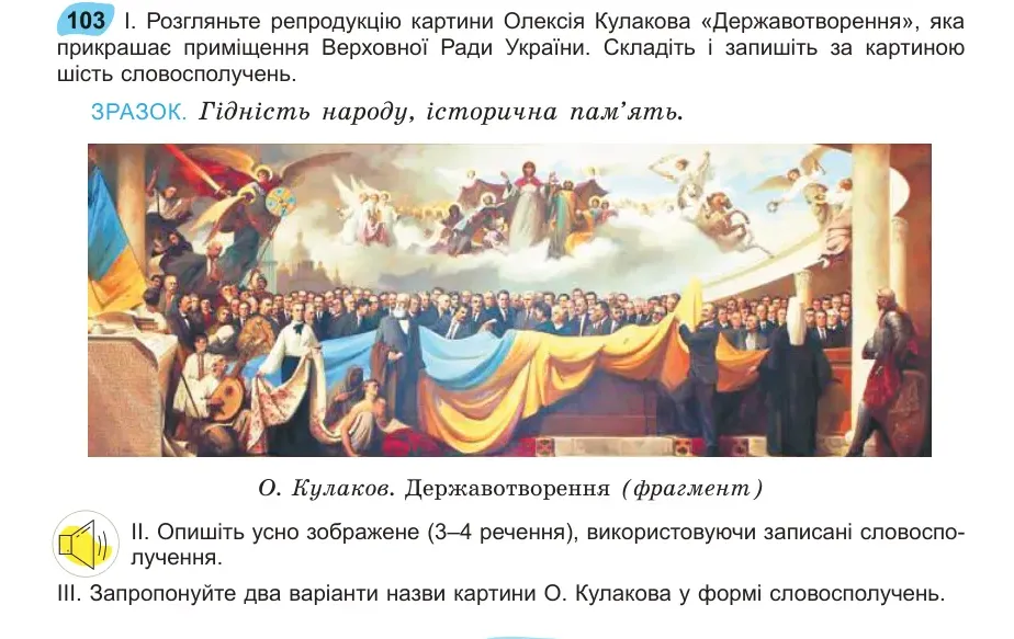 Умова: вправа 103: Розгляньте репродукцію картини Олексія Кулакова «Державотворення», яка прикрашає приміщення Верховної Ради України