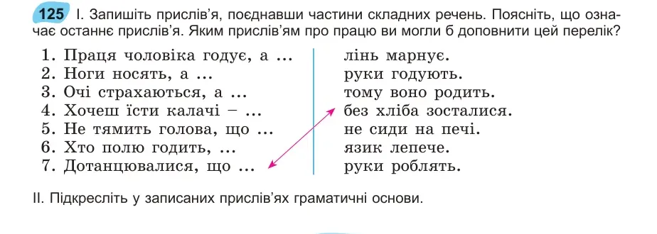 Умова: вправа 125: Запишіть прислів’я, поєднавши частини складних речень
