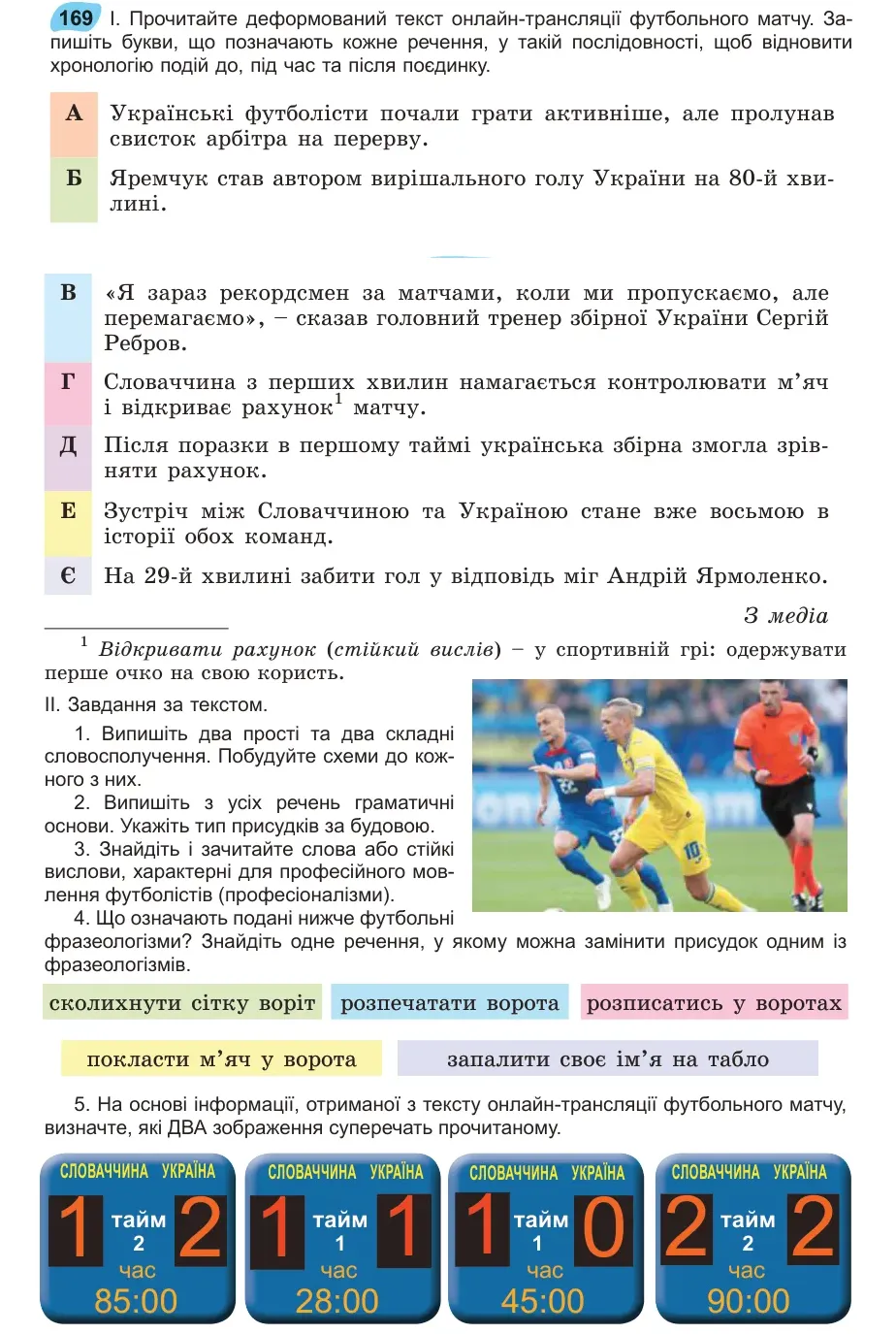 Умова: вправа 169: Прочитайте деформований текст онлайн-трансляції футбольного матчу