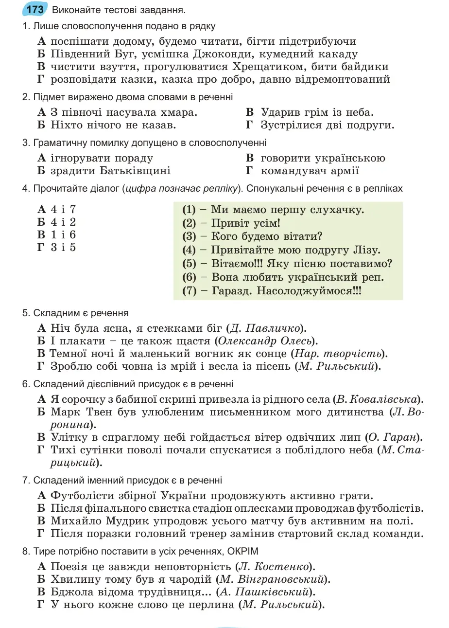Умова: вправа 173: Виконайте тестові завдання