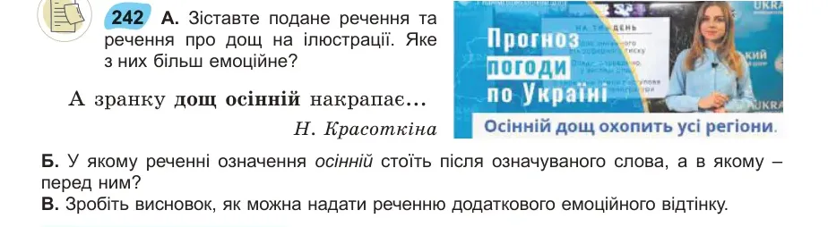 Умова: вправа 242: Зіставте подане речення та речення про дощ на ілюстрації