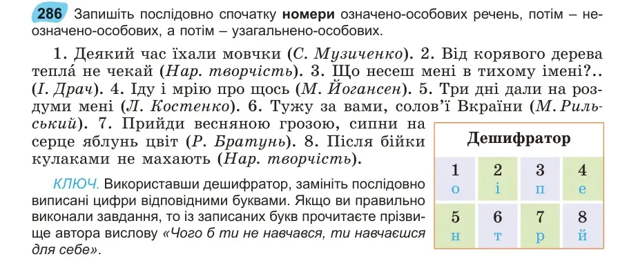 Умова: вправа 286: Запишіть послідовно спочатку номери означено-особових речень, потім – неозначено-особових, а потім – узагальнено-особових