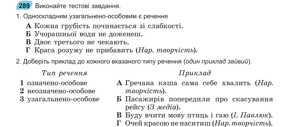 Умова: вправа 289: Виконайте тестові завдання