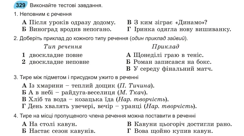 Умова: вправа 329: Виконайте тестові завдання
