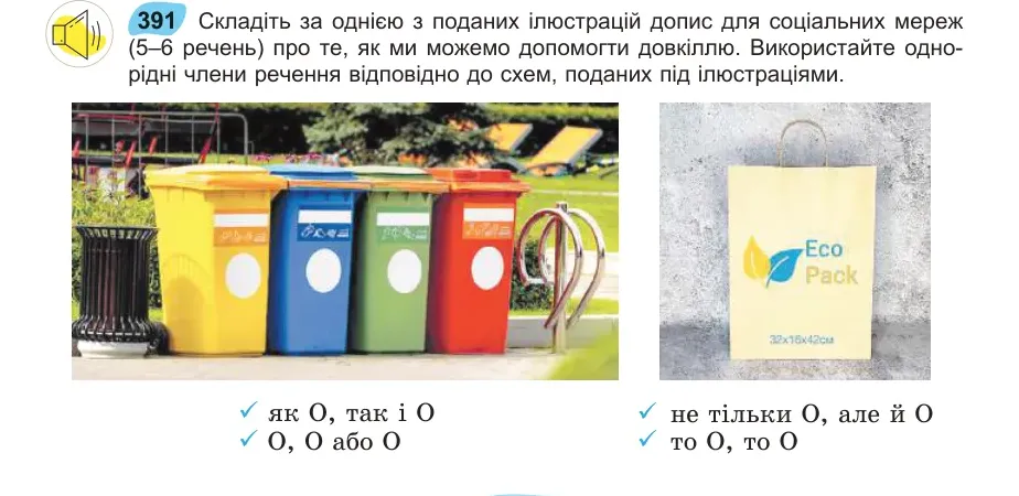Умова: вправа 391: Складіть за однією з поданих ілюстрацій допис для соціальних мереж (5–6 речень) про те, як ми можемо допомогти довкіллю
