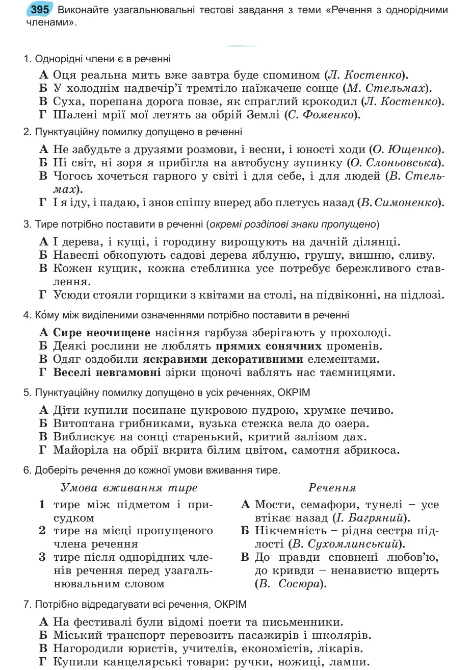 Умова: вправа 395: Виконайте узагальнювальні тестові завдання з теми «Речення з однорідними членами»