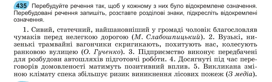Умова: вправа 435: Перебудуйте речення так, щоб у кожному з них було відокремлене означення