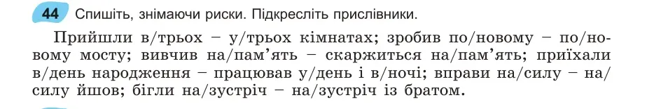 Умова: вправа 44: Спишіть, знімаючи риски