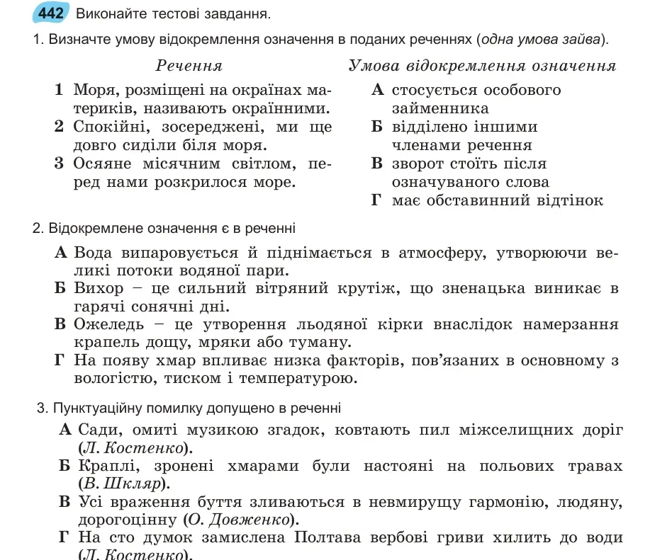 Умова: вправа 442: Виконайте тестові завдання