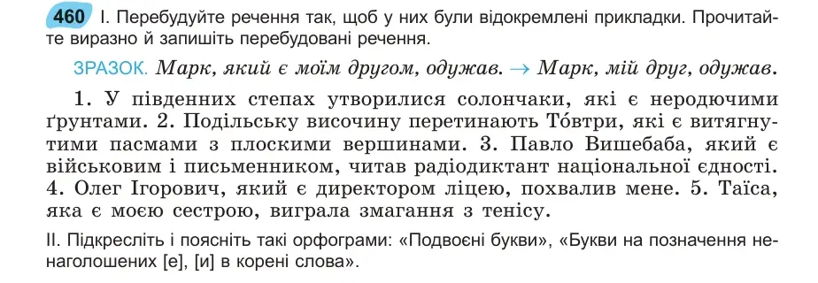 Умова: вправа 460: Перебудуйте речення так, щоб у них були відокремлені прикладки