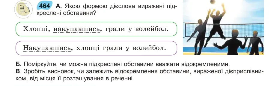 Умова: вправа 464: Якою формою дієслова виражені підкрес лені обставини?