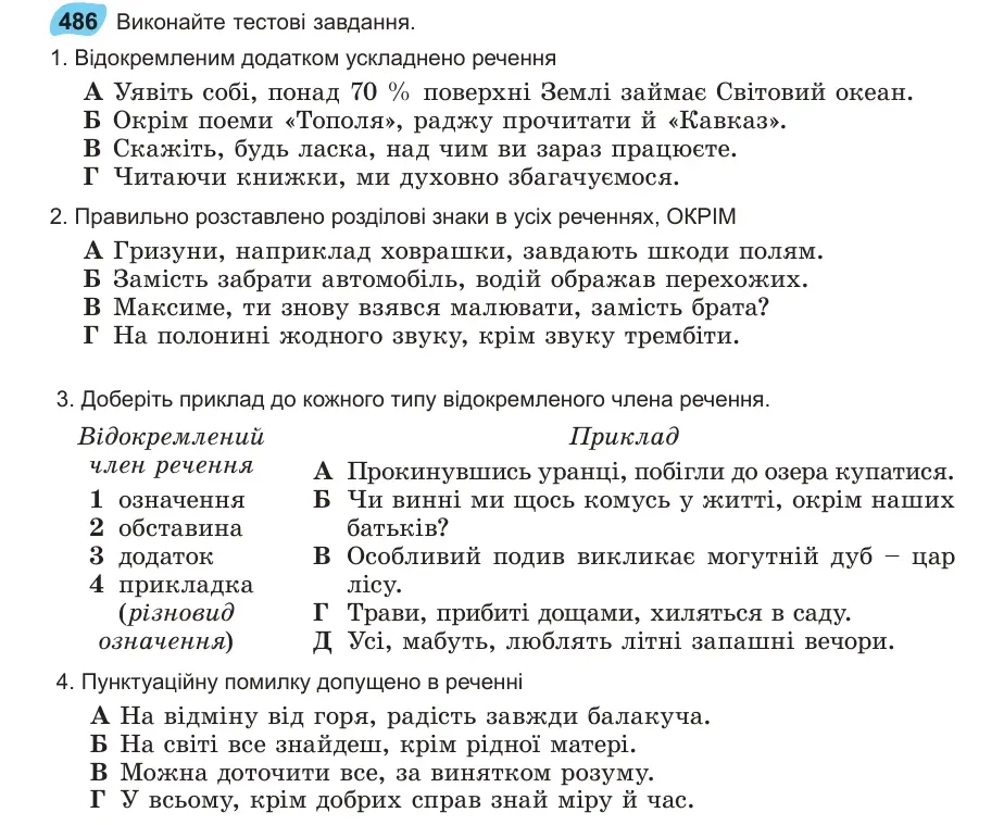 Умова: вправа 486: Виконайте тестові завдання