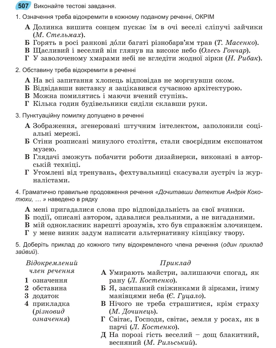 Умова: вправа 507: Виконайте тестові завдання