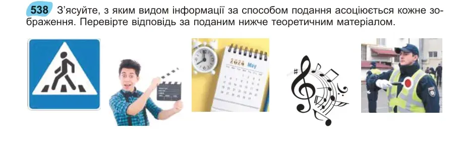 Умова: вправа 538: З’ясуйте, з яким видом інформації за способом подання асоціюється кожне зображення