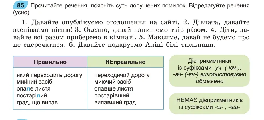 Умова: вправа 85: Прочитайте речення, поясніть суть допущених помилок