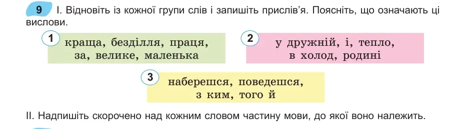 Умова: вправа 9: Відновіть із кожної групи слів і запишіть прислів’я